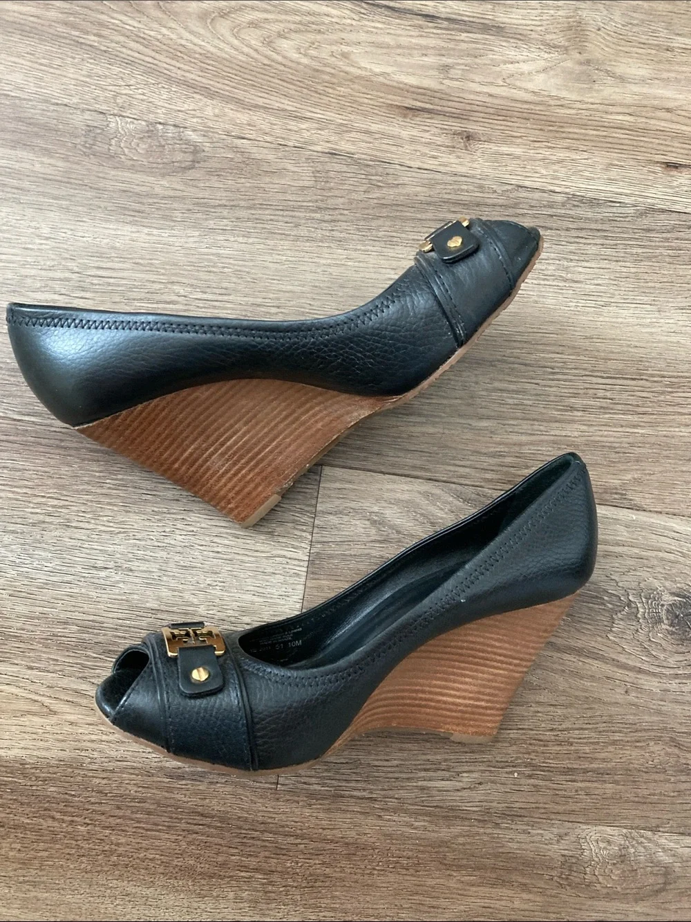 Tory Burch Black Leather Peep-Toe Wedge Sandals with Gold Logo Sz 10